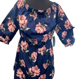 New Women's Blush Boho Pink Floral Midi Blue Dress‎ Sz XL
